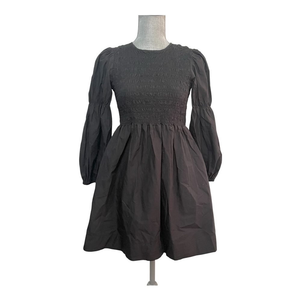 GANNI Black Cotton Poplin Mini Smock Dress - Picture 2 of 8